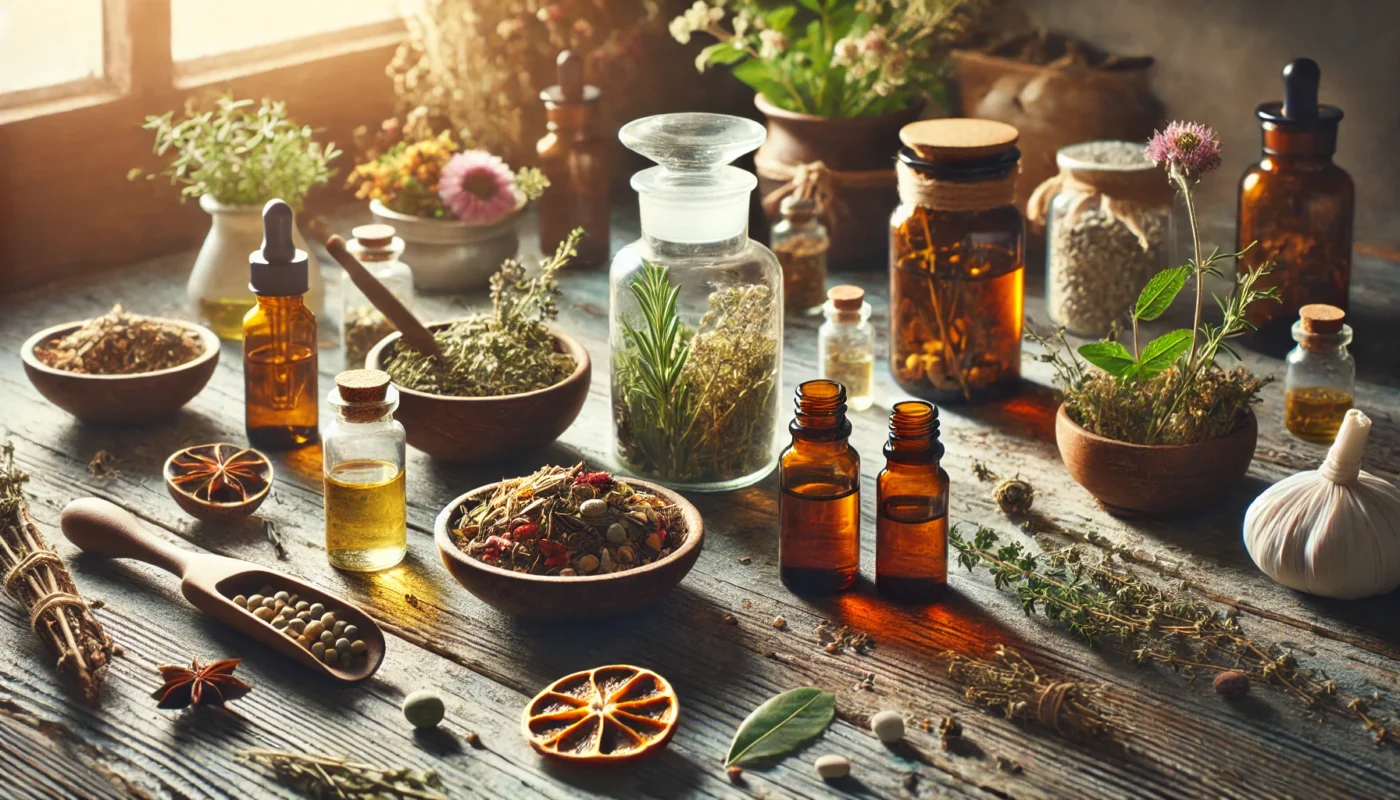 A serene herbal medicine preparation scene showcasing various natural opioid alternatives. The image features a rustic wooden table with dried herbs, botanical extracts, and essential oils in glass bottles. A soft natural light highlights the earthy tones, creating a tranquil atmosphere representing holistic pain management.