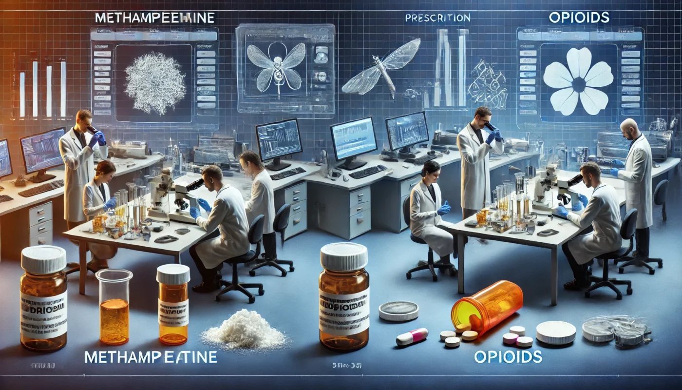 A forensic crime lab with two sections comparing methamphetamine and opioids. On one side, lab technicians analyze drug samples under a microscope, while on the other side, researchers study prescription opioid tablets. High-tech equipment and digital data projections enhance the investigation.