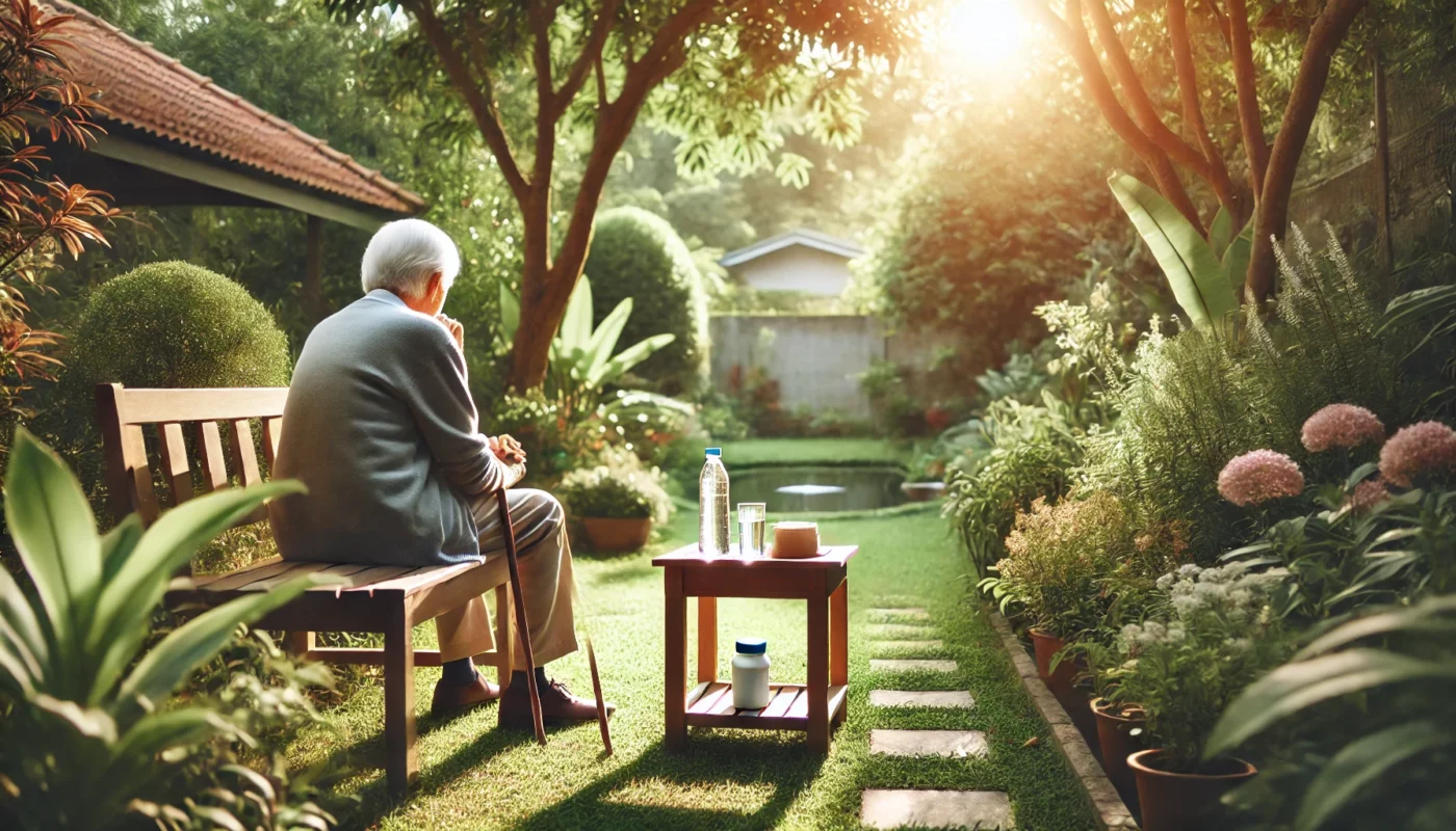 A serene home setting where an elderly person is sitting comfortably on a couch, holding a glass of water and a Tylenol bottle, symbolizing arthritis pain management.