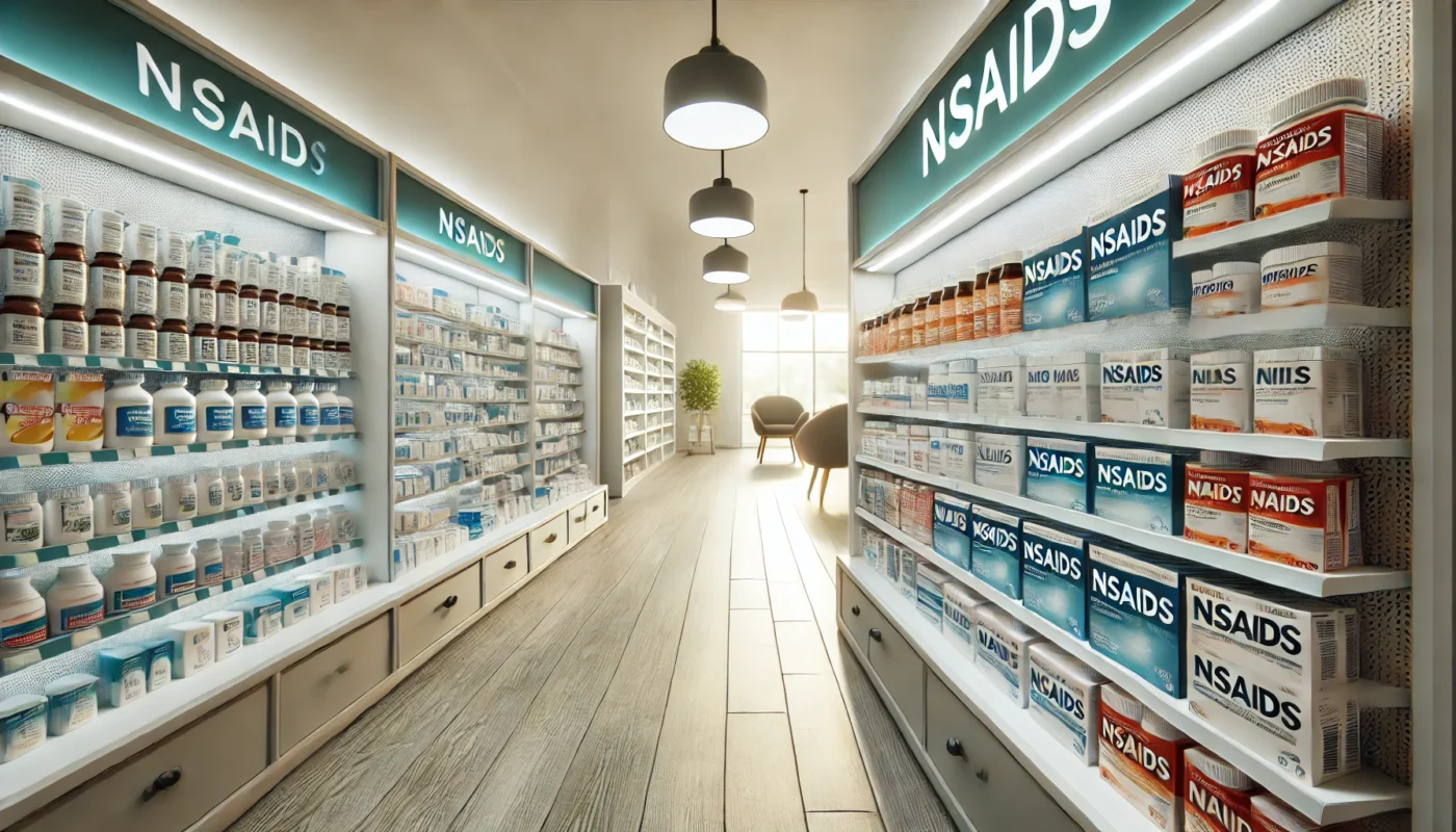 A well-lit, modern pharmacy aisle showcasing a variety of over-the-counter NSAIDs neatly arranged on shelves. The setting is bright and inviting, emphasizing accessibility to pain relief options.