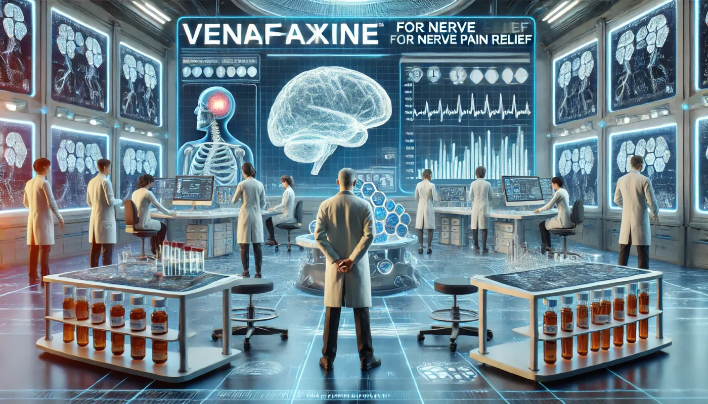 A futuristic medical laboratory where scientists are analyzing Venlafaxine for nerve pain relief. The setting includes advanced digital medical equipment, a team of researchers in lab coats, and interactive screens displaying neurological data.