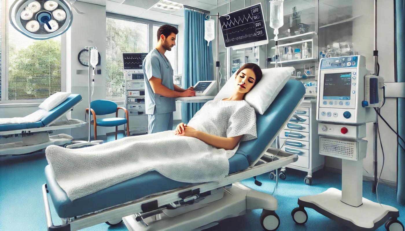 A modern hospital recovery room where a patient is resting comfortably after surgery. The patient looks relaxed and is being monitored by a nurse, symbolizing effective pain management.