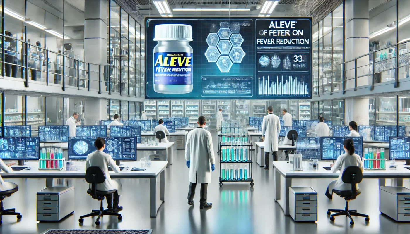 A high-tech pharmaceutical research lab where scientists are analyzing the effects of Aleve on fever reduction. The lab features advanced medical equipment, digital screens displaying data, and a professional research team conducting experiments. The environment is clean, sterile, and futuristic.