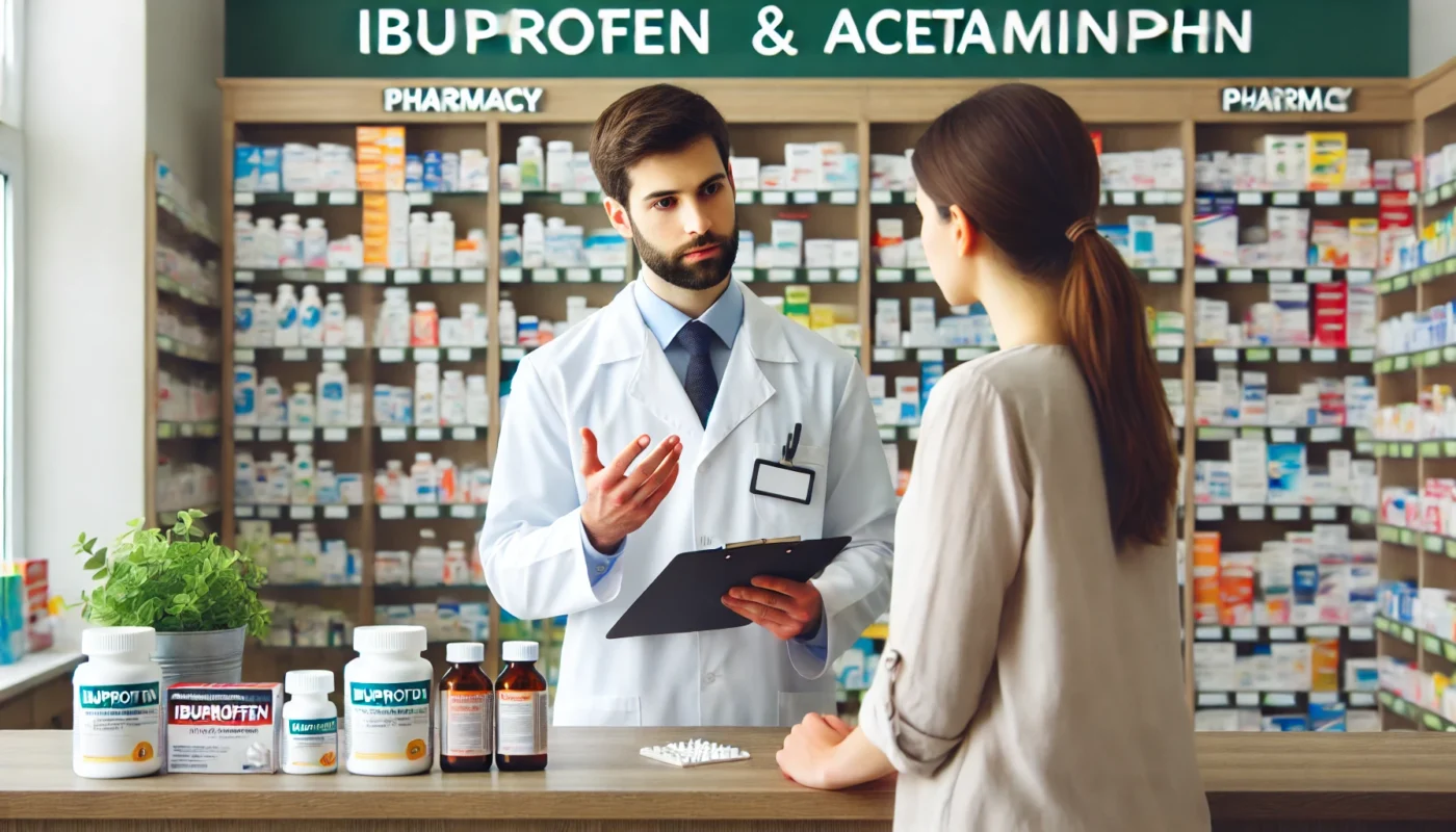 A modern pharmacy setting where a pharmacist is carefully explaining the differences between Ibuprofen and Acetaminophen to a patient. The background features a well-organized display of pain relief medications, creating a professional healthcare environment.