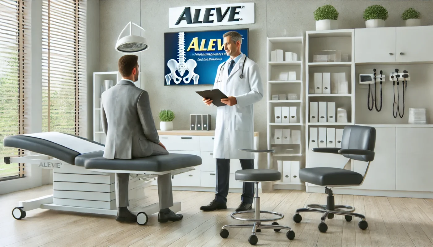 A modern medical consultation room where a doctor is discussing Aleve as a treatment option for sciatica pain relief with a patient. The setting is clean and professional, with medical equipment and a comfortable seating area.