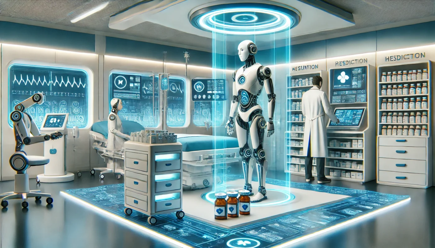 A futuristic hospital setting where advanced robotic systems are assisting doctors in administering pain management medications. The scene includes high-tech medical devices and an organized medication storage area."