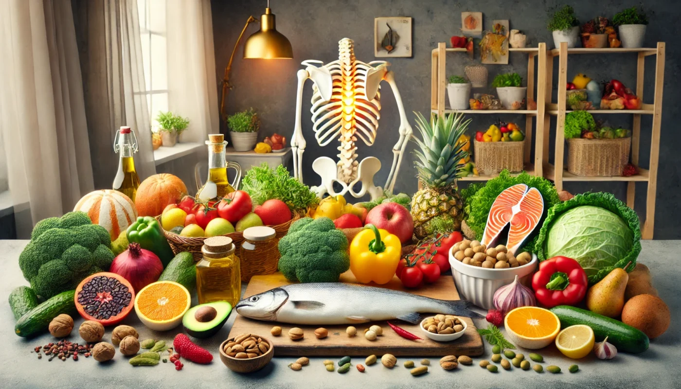 A visually appealing spread of anti-inflammatory foods, including fresh vegetables, berries, nuts, and salmon, arranged on a wooden kitchen counter to represent dietary changes that support back arthritis relief.