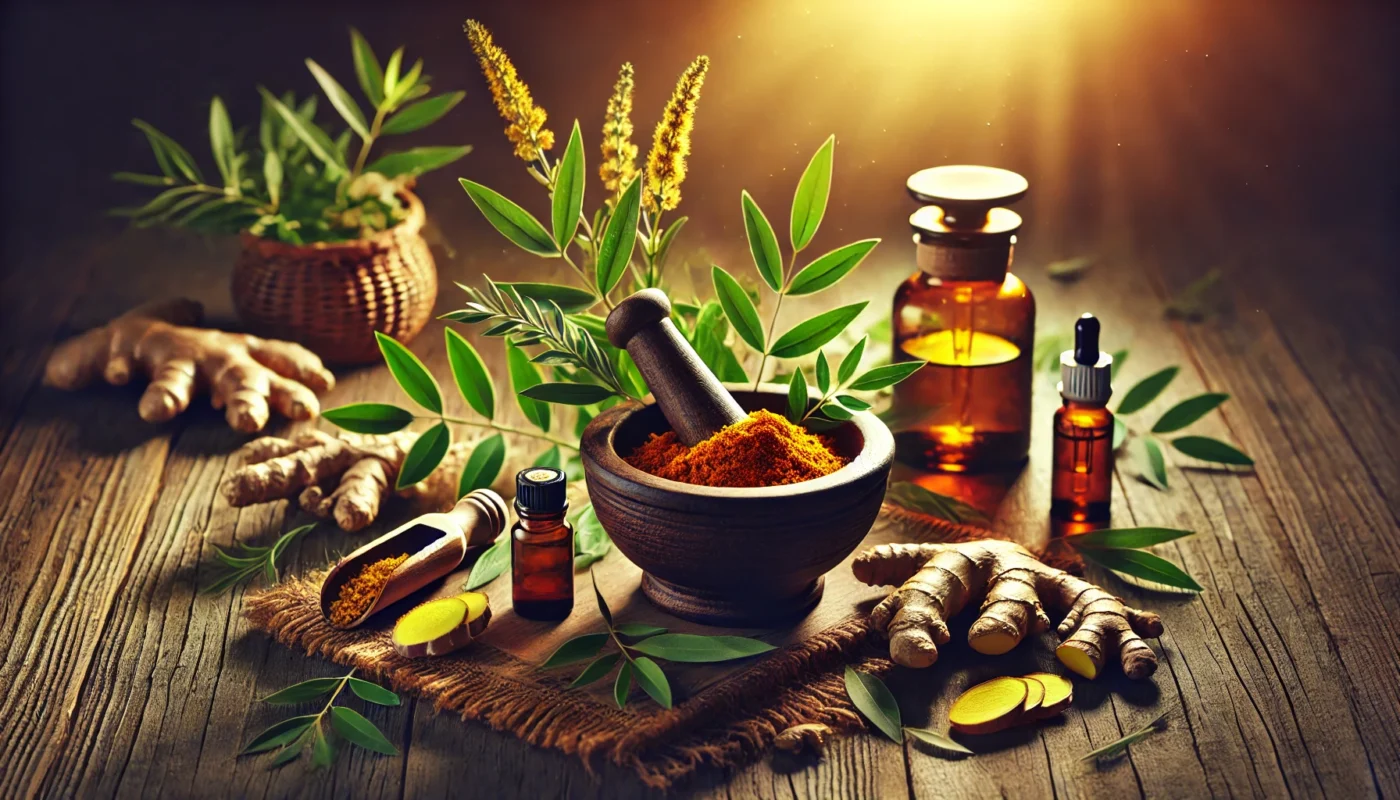 A serene scene featuring turmeric, ginger, and willow bark in a warm, natural setting. A mortar and pestle with crushed herbs sit on a wooden table, surrounded by essential oil bottles, symbolizing herbal pain relief alternatives.