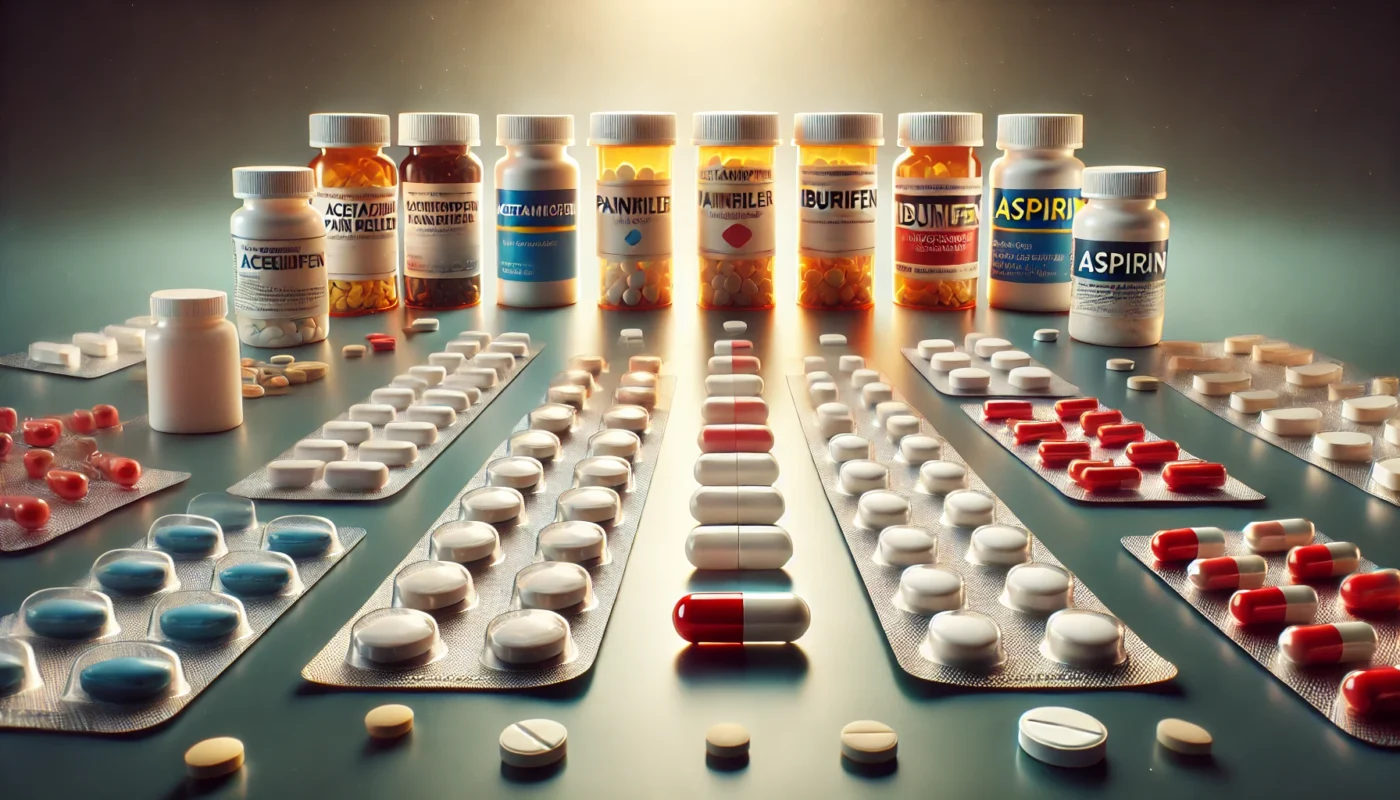 A conceptual display of various over-the-counter pain relievers, including pill bottles and blister packs of acetaminophen, ibuprofen, and aspirin. The reflective surface and warm lighting highlight choice and effectiveness.