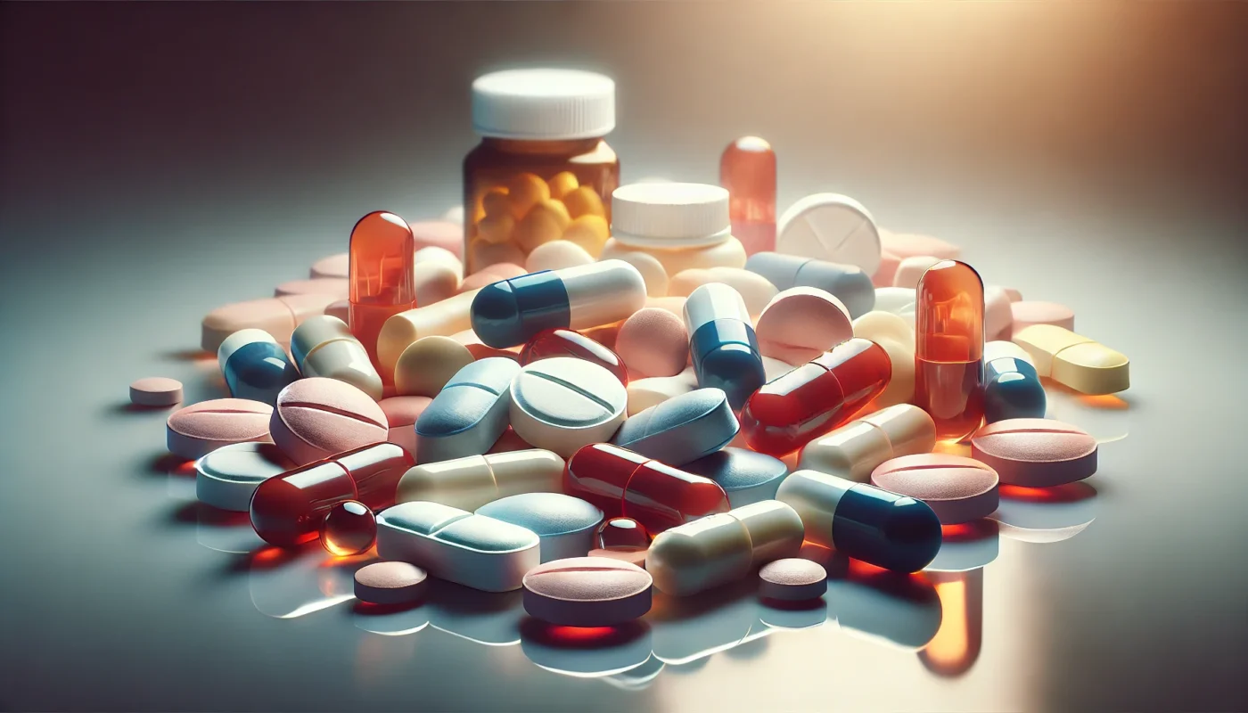 A close-up of various painkiller pills, including tablets, capsules, and gel pills in different shapes and colors, arranged on a reflective surface to highlight their diversity.