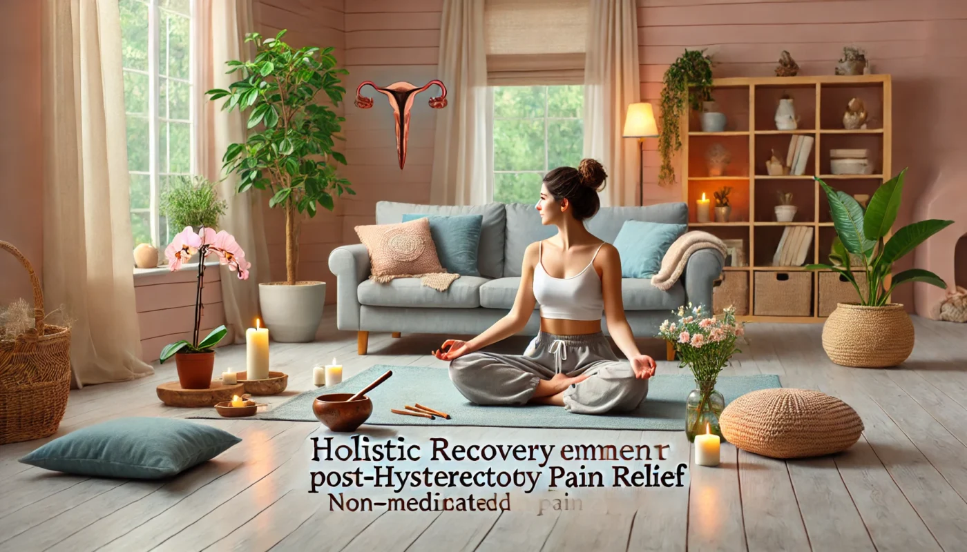 A woman practicing gentle yoga and relaxation techniques in a cozy home setting. The space includes elements of natural healing, such as aromatherapy, soft cushions, and a peaceful atmosphere, symbolizing non-medicated pain management approaches.