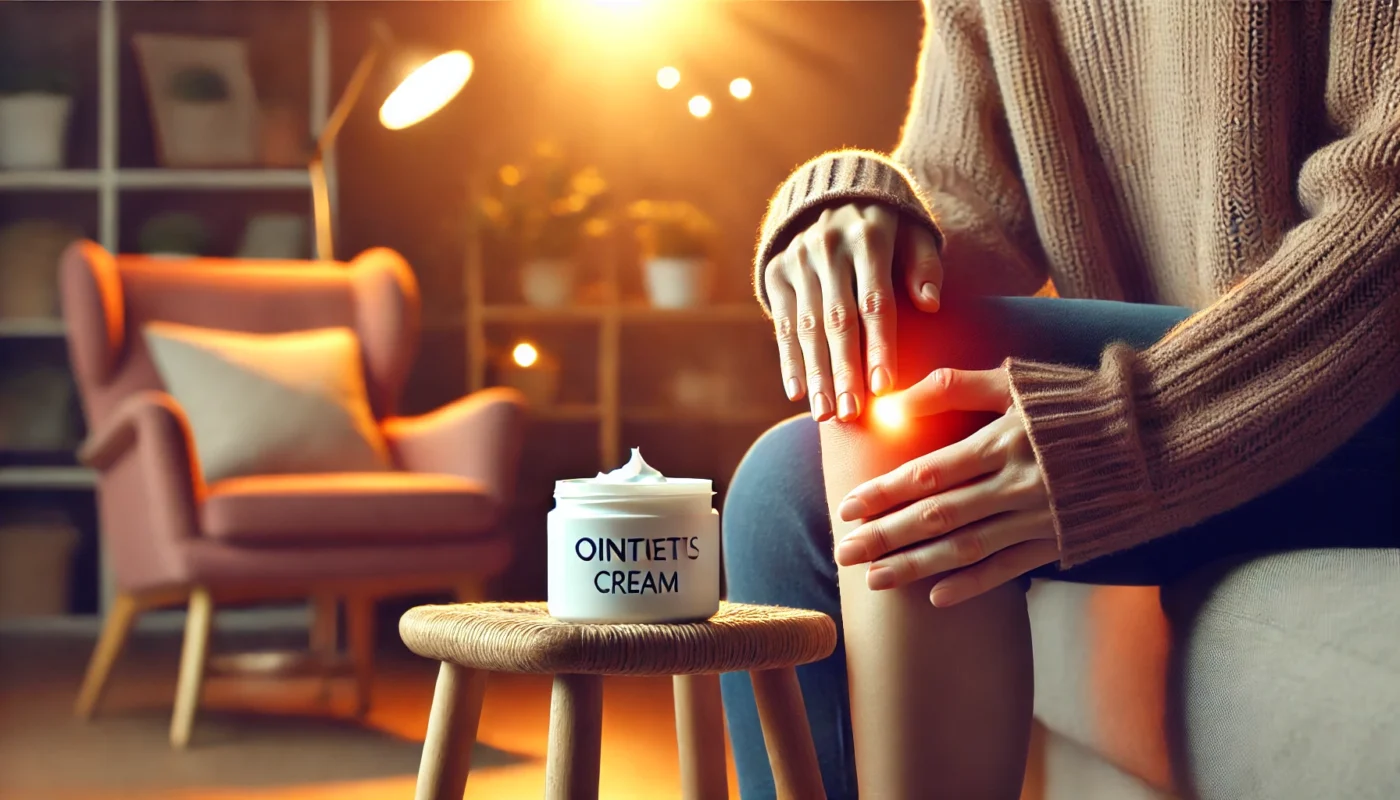 A person applies a topical pain-relief cream to their sore knee in a calming home environment. The scene includes warm lighting, a cozy chair, and a supportive setting, symbolizing comfort and effective self-care for arthritis pain.