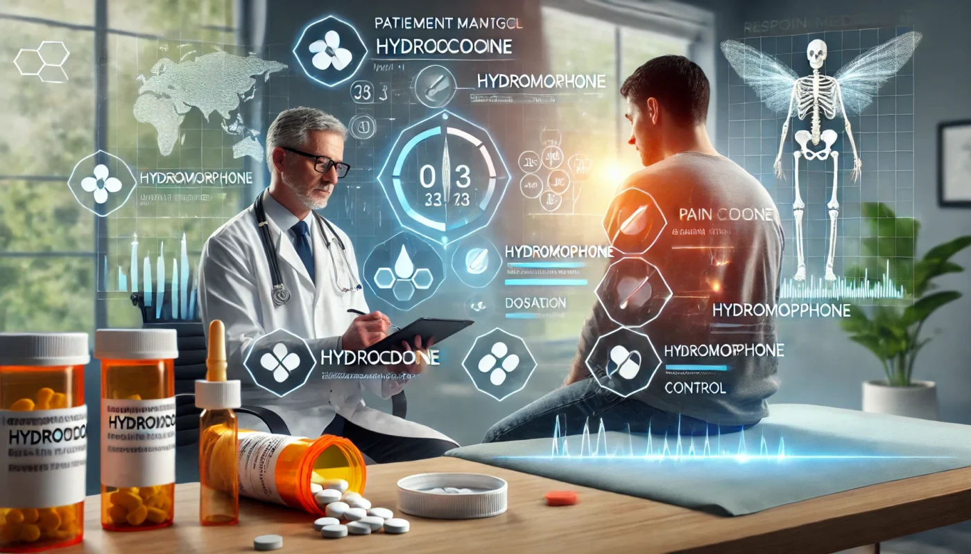 A patient-centered medical scene illustrating opioid pain management with Hydrocodone and Hydromorphone. A doctor discusses treatment options with a patient, while floating digital medical charts display pain relief progress and dosage control. The setting is a professional clinical environment, symbolizing responsible medication use.