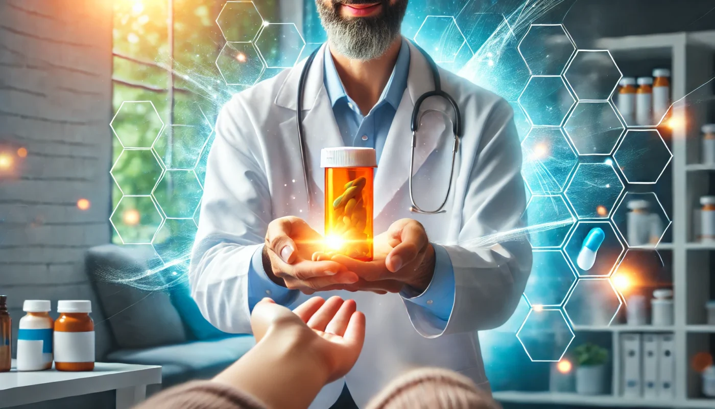 A caring doctor handing a patient a prescription bottle in a bright and welcoming medical environment. A glowing aura of health and well-being in the background symbolizes the role of good medicines in improving quality of life, representing trust, healthcare, and effective treatment.