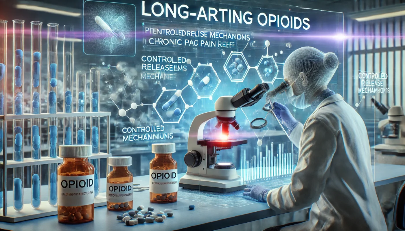 A scientist in a high-tech laboratory analyzes opioid formulations under a microscope, with holographic data showing controlled release mechanisms and effectiveness in chronic pain relief. The setting symbolizes pharmaceutical advancements in opioid pain management.