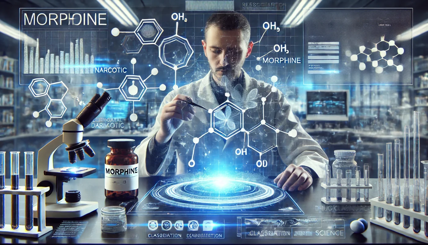 A high-tech pharmaceutical research environment where scientists analyze morphine’s properties as a narcotic. A researcher in a laboratory examines molecular structures on a holographic display, surrounded by digital charts and chemical compositions, symbolizing drug classification and regulatory science.