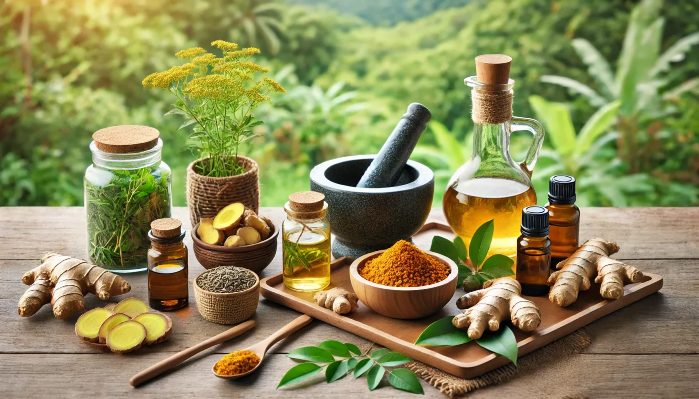  A serene natural setting featuring a collection of herbal remedies for joint health, including turmeric root, ginger, green tea, and essential oils. A mortar and pestle with crushed herbs symbolize natural anti-inflammatory treatments for joint pain relief.

