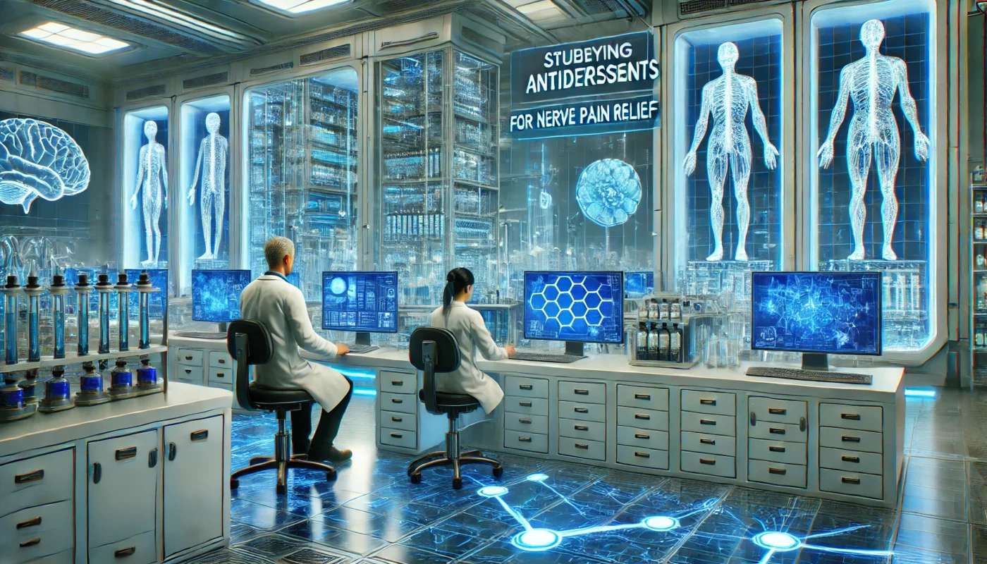 A futuristic medical research lab where scientists are studying antidepressants for nerve pain relief. The lab features advanced technology, glowing blue monitors displaying neural pathways, and high-tech drug synthesis equipment.