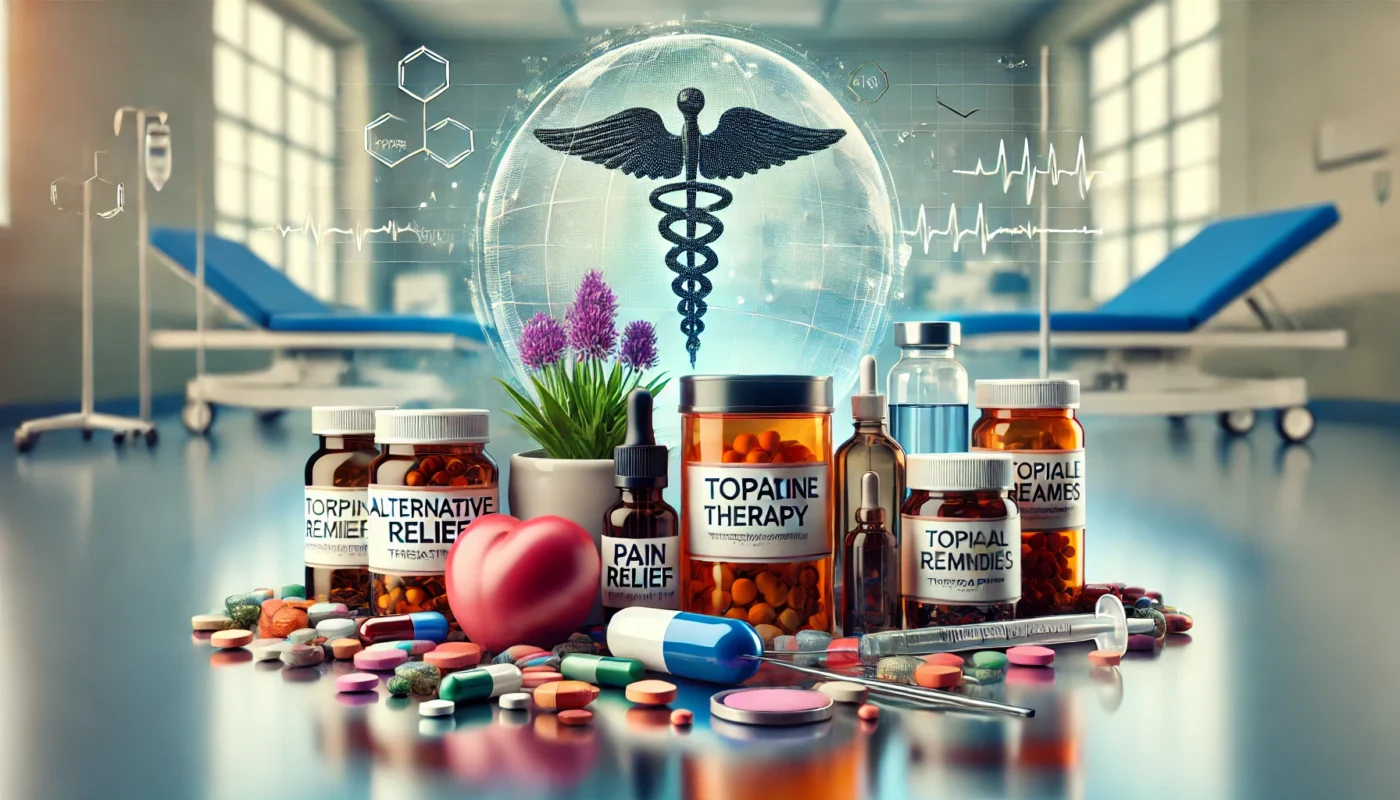 A collection of various pain management options, including capsules, topical creams, and herbal remedies, arranged on a reflective surface. The background features a clinical setting, symbolizing diverse pain management solutions.