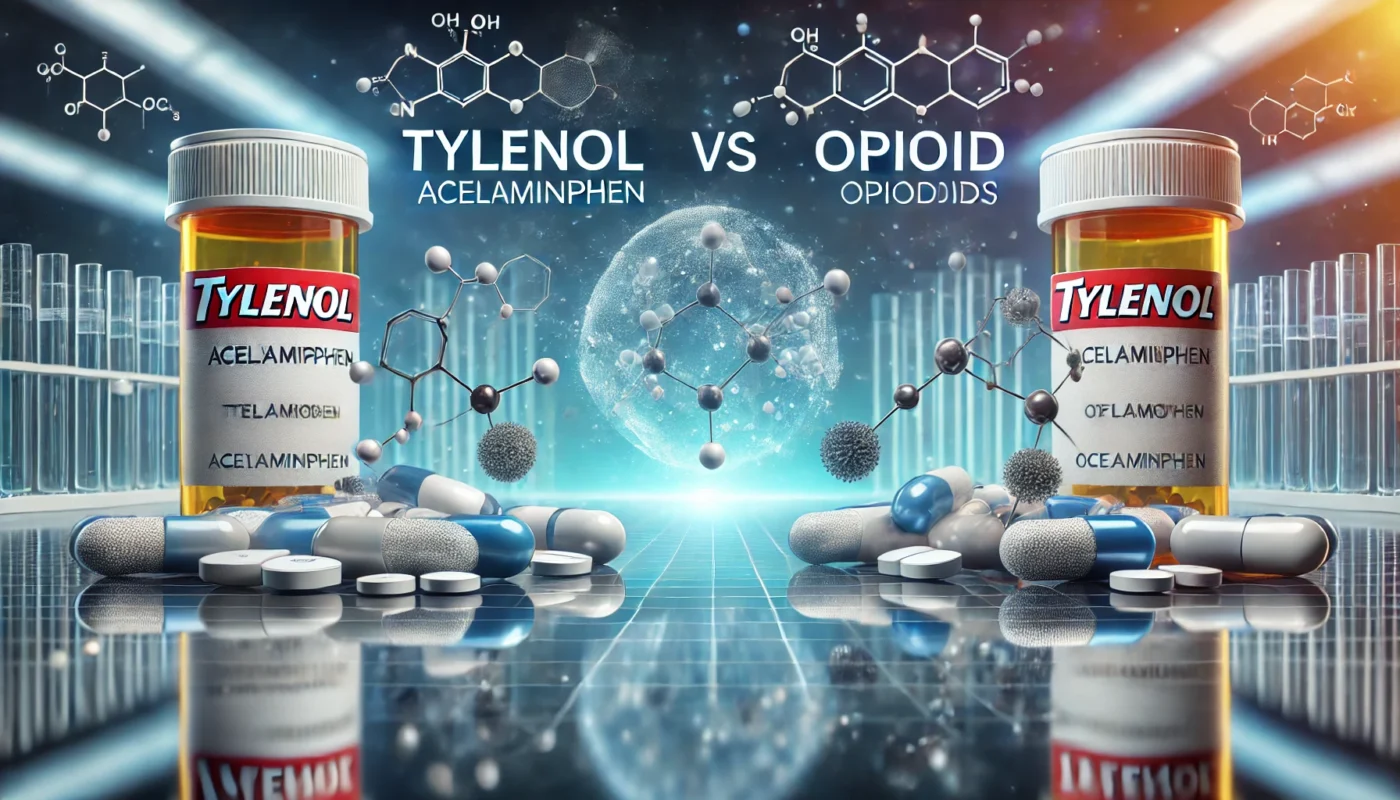 A set of Tylenol (acetaminophen) and opioid pills displayed on a reflective surface, with floating molecular structures symbolizing their different chemical compositions. The background features a high-tech medical research environment, representing pharmaceutical classification.