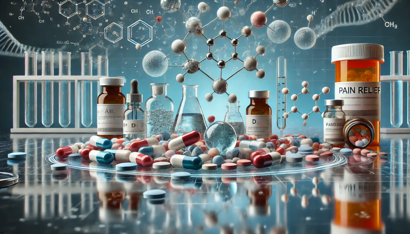  A collection of different pain relief pills, capsules, and liquid vials displayed on a reflective surface. Floating molecular structures symbolize their chemical composition. The background features a high-tech pharmaceutical research environment, representing scientific advancements in pain management.