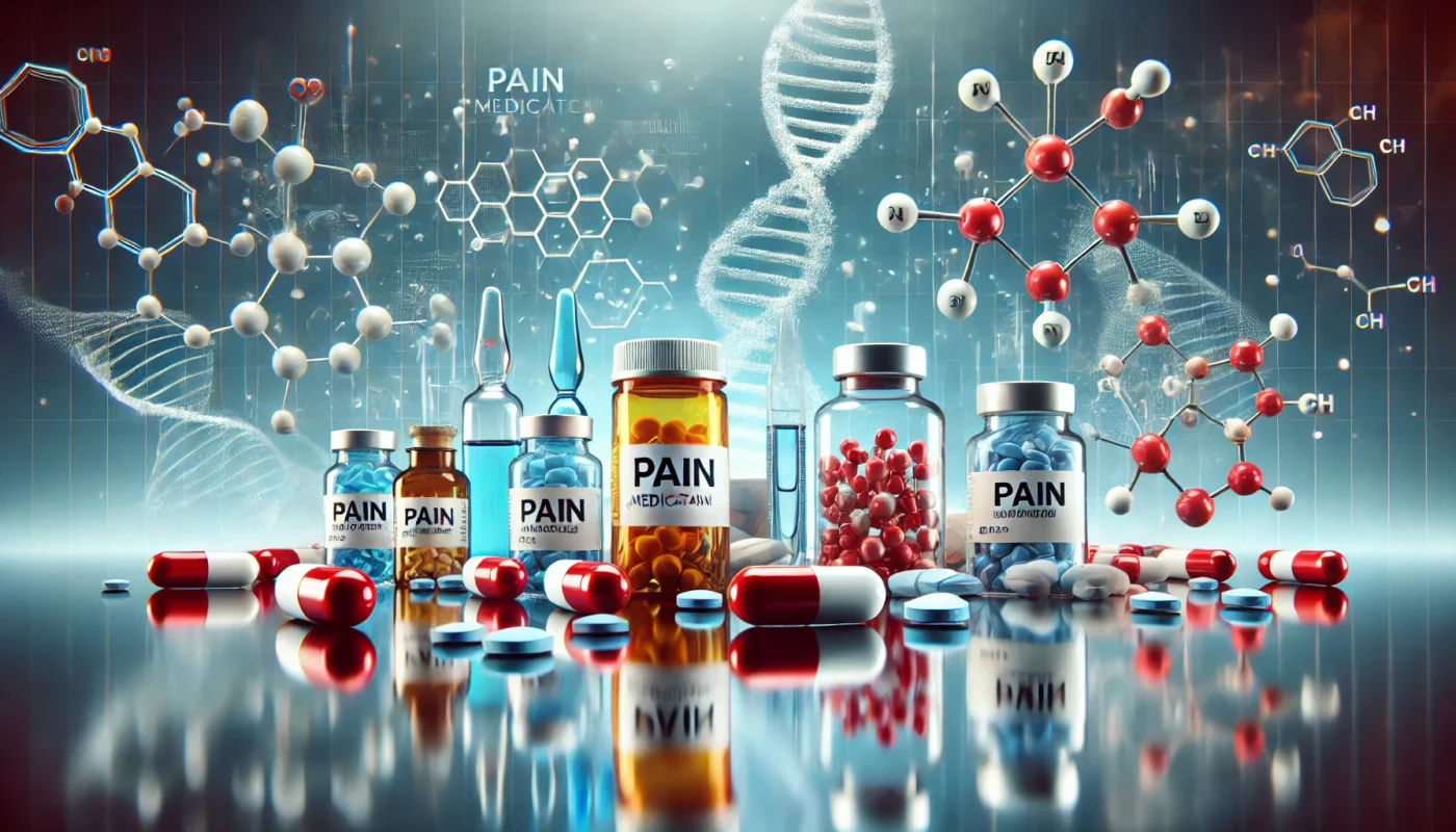 A collection of different pain relief pills, capsules, and liquid vials displayed on a reflective surface. Floating molecular structures symbolize their chemical composition. The background features a high-tech pharmaceutical research environment, representing scientific advancements in pain management.