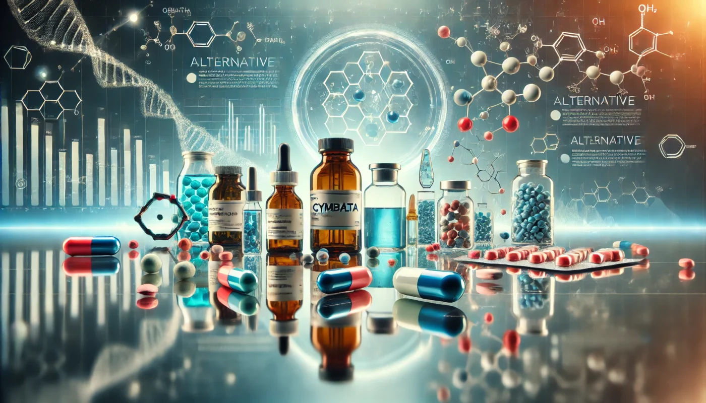 A collection of different pills, capsules, and liquid vials arranged on a reflective surface, symbolizing pharmaceutical substitutes. Floating molecular structures represent various drug compositions. The background features a high-tech pharmaceutical research environment, representing alternative treatment options.