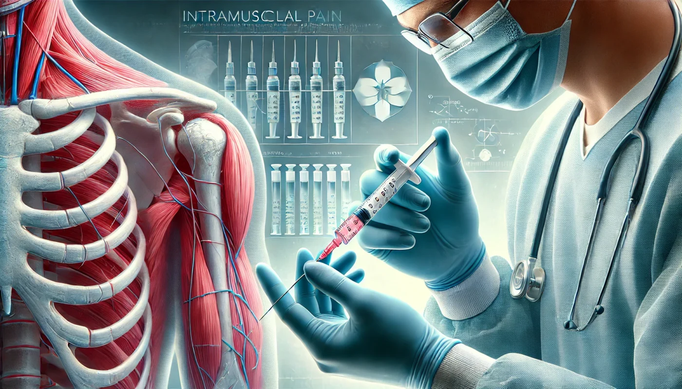 A close-up of a healthcare professional wearing gloves, preparing a syringe with pain medication. The background features a sterile clinical environment, symbolizing safety and precision in pain management.