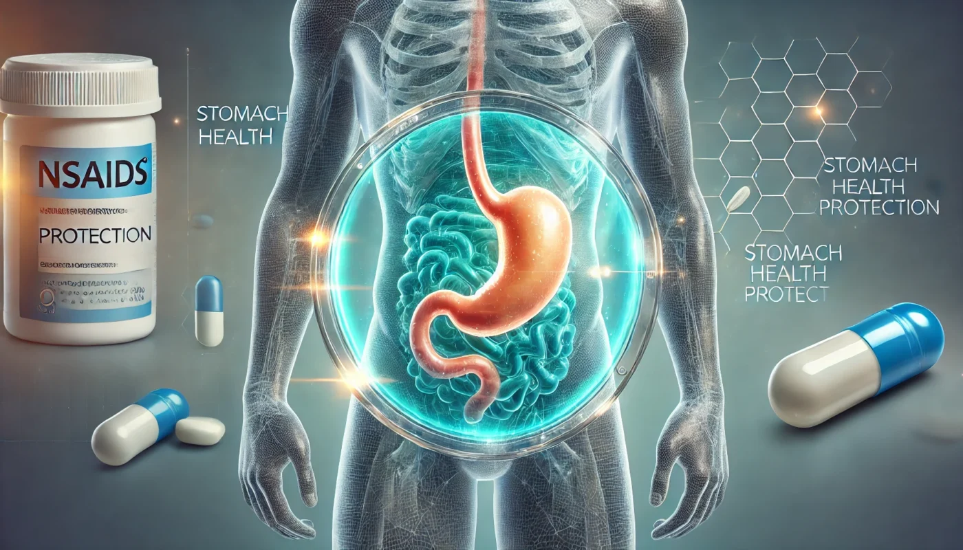 A semi-transparent human torso highlighting the stomach, surrounded by a glowing protective shield. Subtle pill elements in the background signify NSAID usage, with a calming blue-green color scheme symbolizing safety.