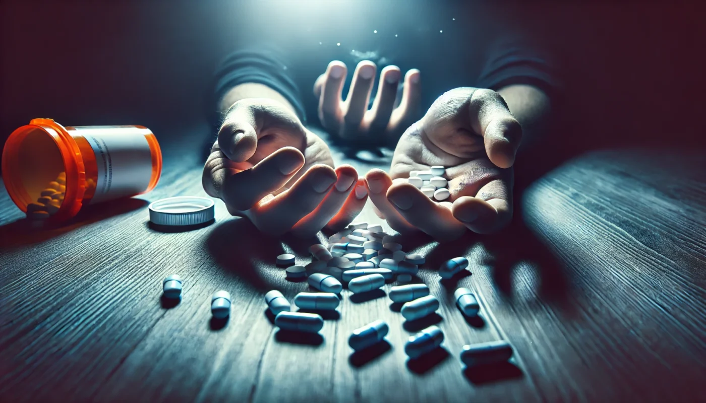 A pair of hands reaching out for scattered prescription pills under dark, ominous lighting, symbolizing opioid dependence and addiction. The blurred background enhances the sense of isolation and struggle.