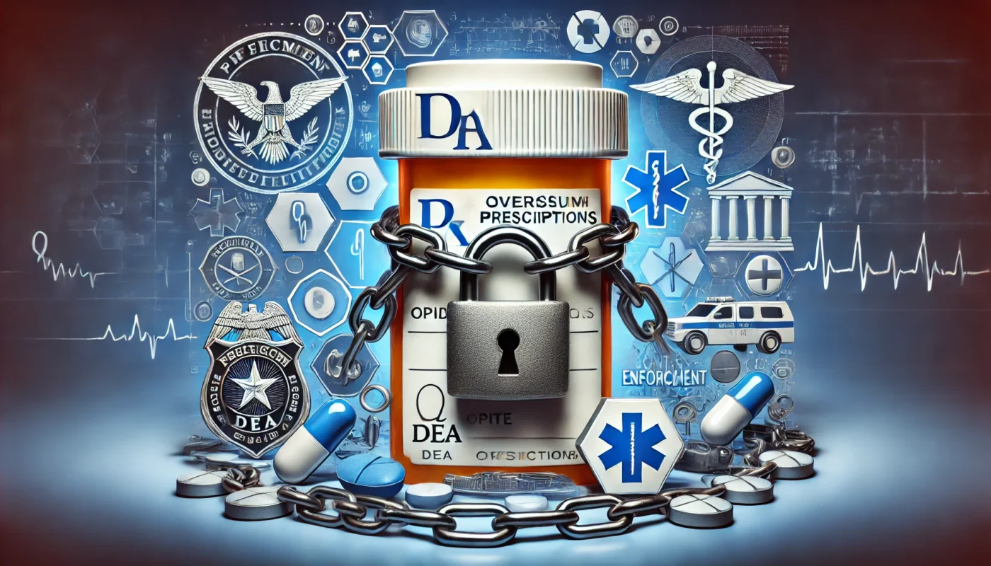 A prescription pad wrapped in a lock and chain, representing the controlled access and regulation of opiate prescriptions under DEA oversight. The background contains abstract law enforcement and medical elements to emphasize compliance.