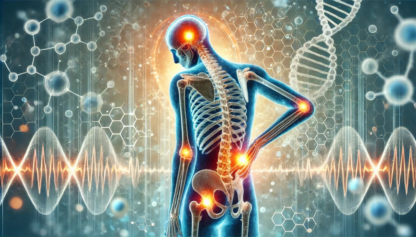 A glowing human skeleton with highlighted pain points in the joints and spine, symbolizing bone pain. Abstract waves of healing energy surround the skeleton, representing the relief provided by pain medication.