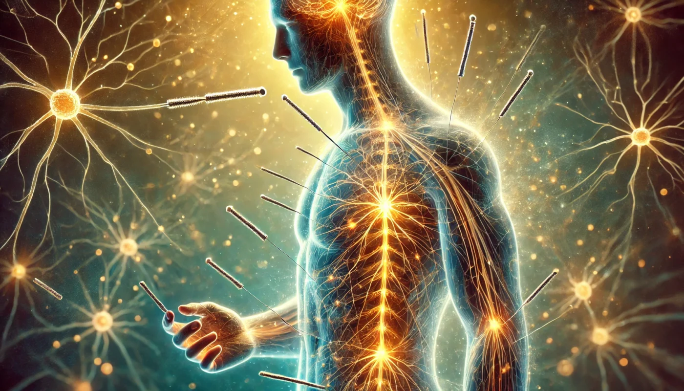 A human body with glowing neural pathways, featuring fine acupuncture needles placed along energy meridians. A soft golden glow surrounds the needle points, symbolizing nerve pain relief and healing.