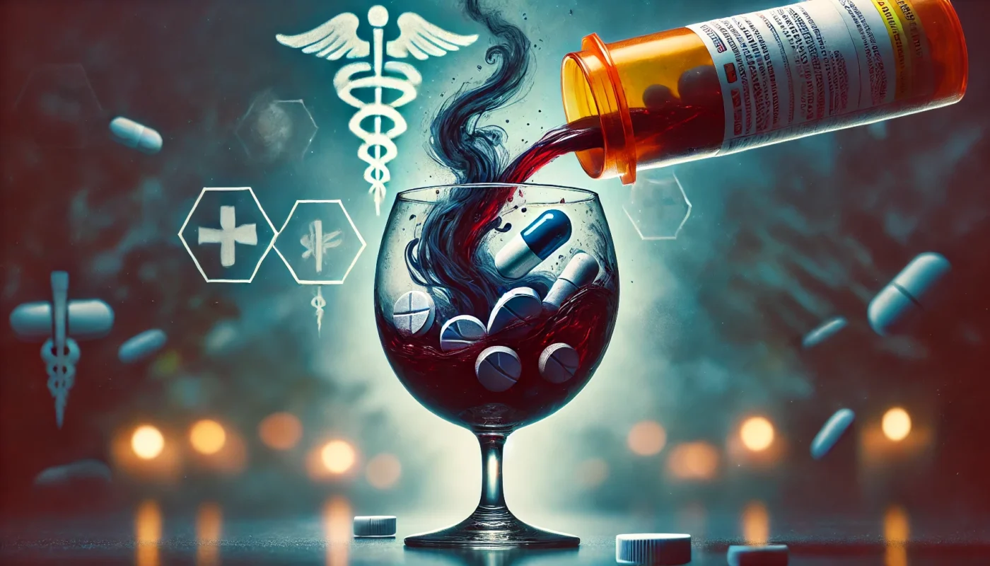 A broken prescription pill bottle spilling into a wine glass, with dark fumes rising from the mixture, symbolizing the dangers of combining alcohol and pain medication. The blurred background and medical warning elements subtly emphasize the risk.