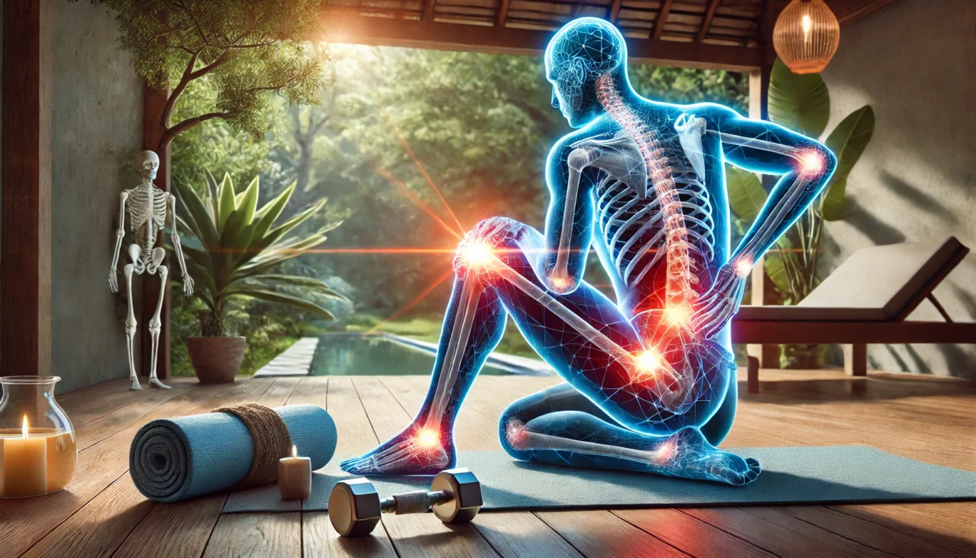 A person performing a gentle yoga stretch, with glowing energy lines around joints and muscles symbolizing increased flexibility and reduced pain. The serene outdoor background with natural light and greenery promotes holistic well-being.