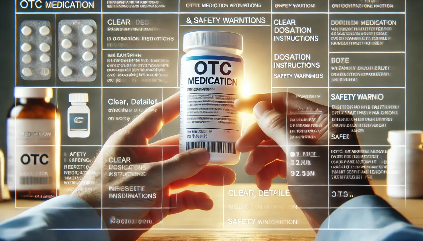 A close-up view of a person’s hands holding and reading an OTC medication label. The focus is on dosage instructions, warnings, and ingredient details, highlighting the importance of understanding medication information before use.