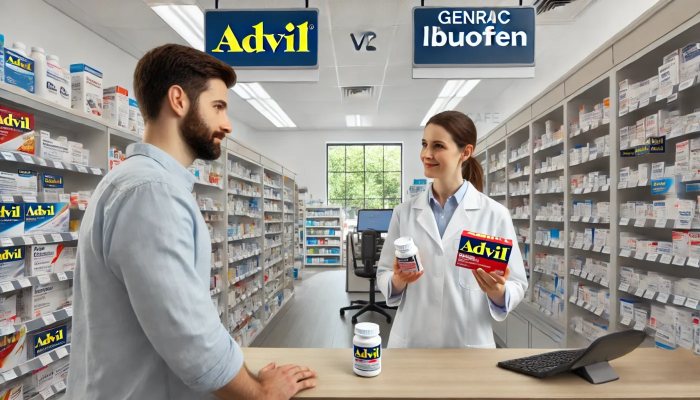 A modern pharmacy setting where a pharmacist is assisting a customer in choosing between Advil and generic ibuprofen for pain relief. The bright and well-organized shelves display various over-the-counter medications, symbolizing informed decision-making in pain management.