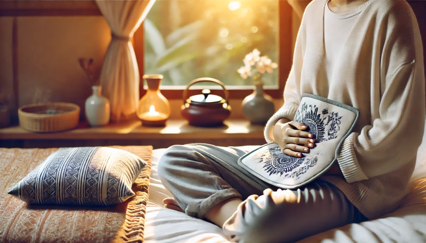 A serene bedroom setting where a person is relaxing with a heating pad on their abdomen, symbolizing natural pain relief for cramps. The room is softly lit, with cozy blankets and a warm ambiance.