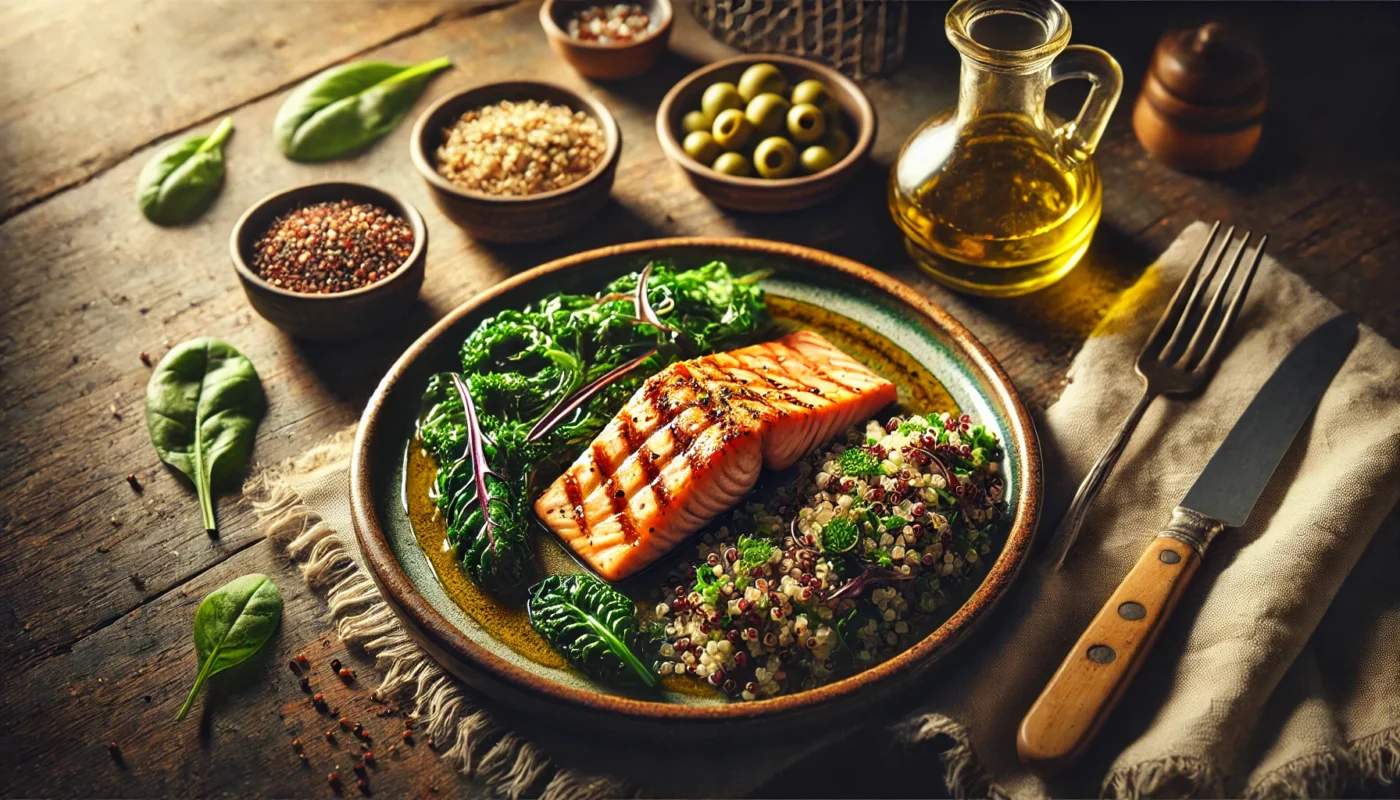 A plated dish featuring grilled salmon, quinoa, and steamed leafy greens, drizzled with olive oil, representing a nutritious and anti-inflammatory meal.