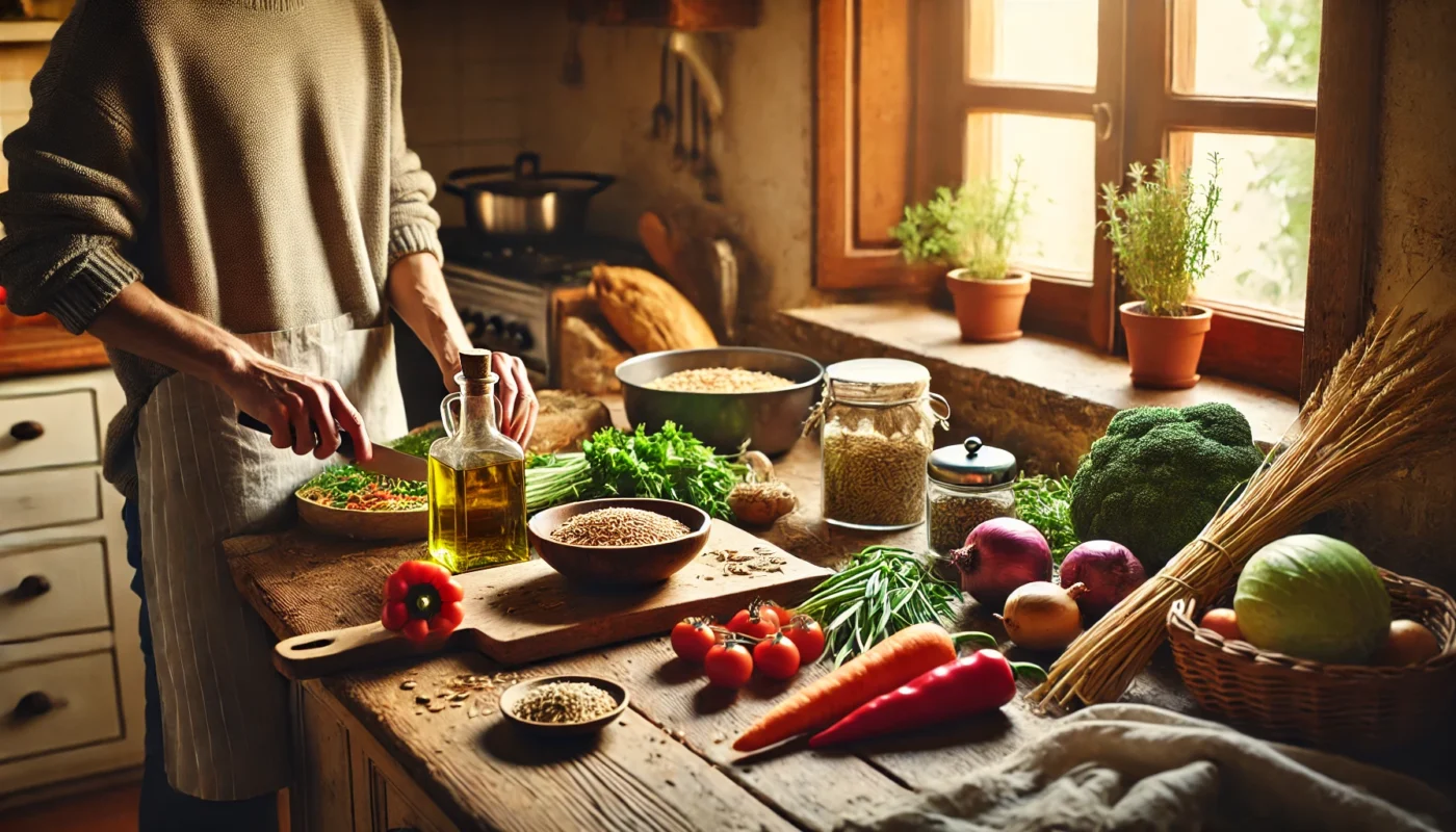 A cozy Mediterranean kitchen where a person is preparing a healthy meal with fresh vegetables, olive oil, whole grains, and herbs. The rustic setting is illuminated by natural light streaming in through a window, enhancing the warm atmosphere.