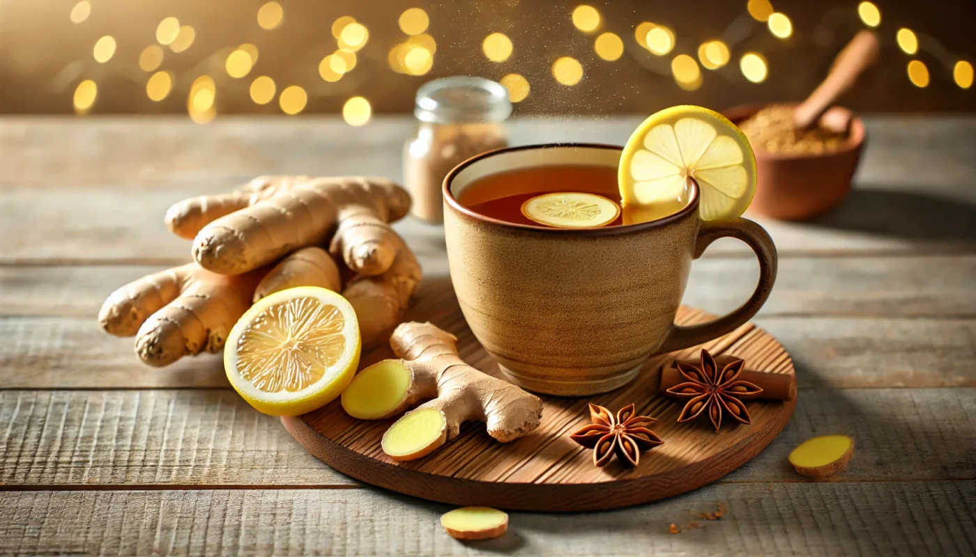 A warm cup of ginger tea with fresh ginger slices and lemon on a wooden surface, emphasizing its calming and anti-inflammatory benefits.