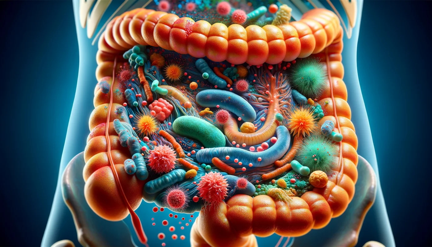 A detailed 3D-rendered illustration of a healthy gut microbiome, showcasing diverse beneficial bacteria interacting with the gut lining, highlighting balance and immune support in a vibrant environment.