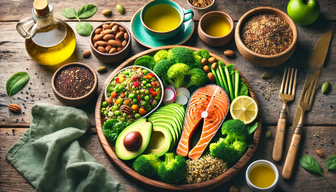 A vibrant, top-down view of an anti-inflammatory meal featuring grilled salmon, avocado, quinoa salad, and steamed vegetables. Small bowls of nuts, olive oil, and green tea surround the plate, promoting a diet rich in omega-3s, antioxidants, and fiber.