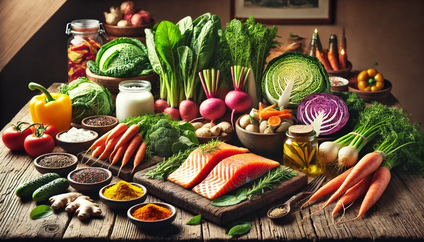 A colorful assortment of anti-inflammatory foods, including wild-caught salmon, leafy greens, root vegetables, fermented foods, and spices like turmeric and ginger, arranged on a rustic wooden table. The warm setting evokes a wholesome, traditional approach to diet.