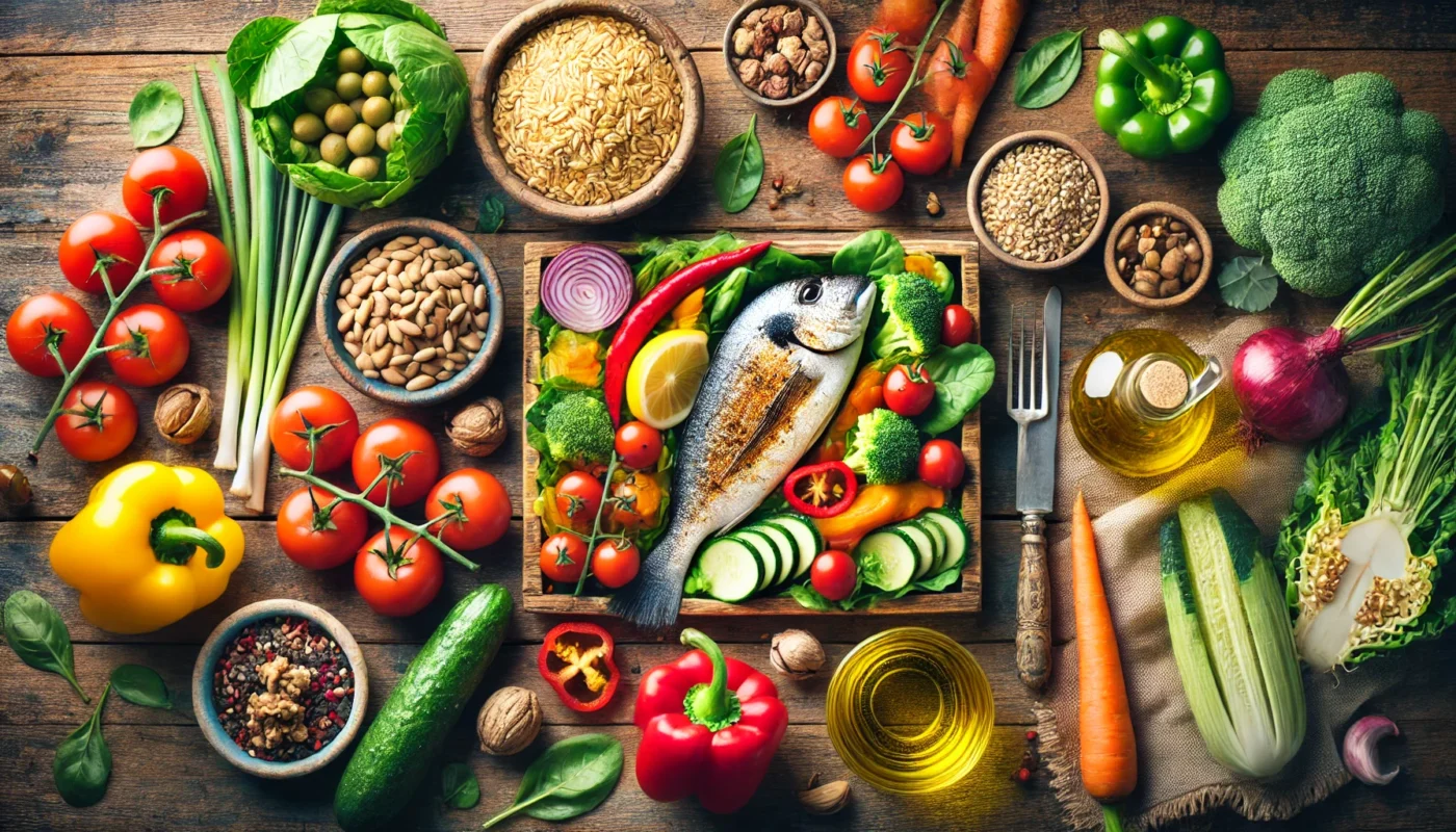 A vibrant, top-down view of a Mediterranean diet meal spread, featuring colorful fresh vegetables, whole grains, nuts, olive oil, and a grilled fish fillet on a rustic wooden table. The natural lighting enhances the textures and colors of the ingredients.