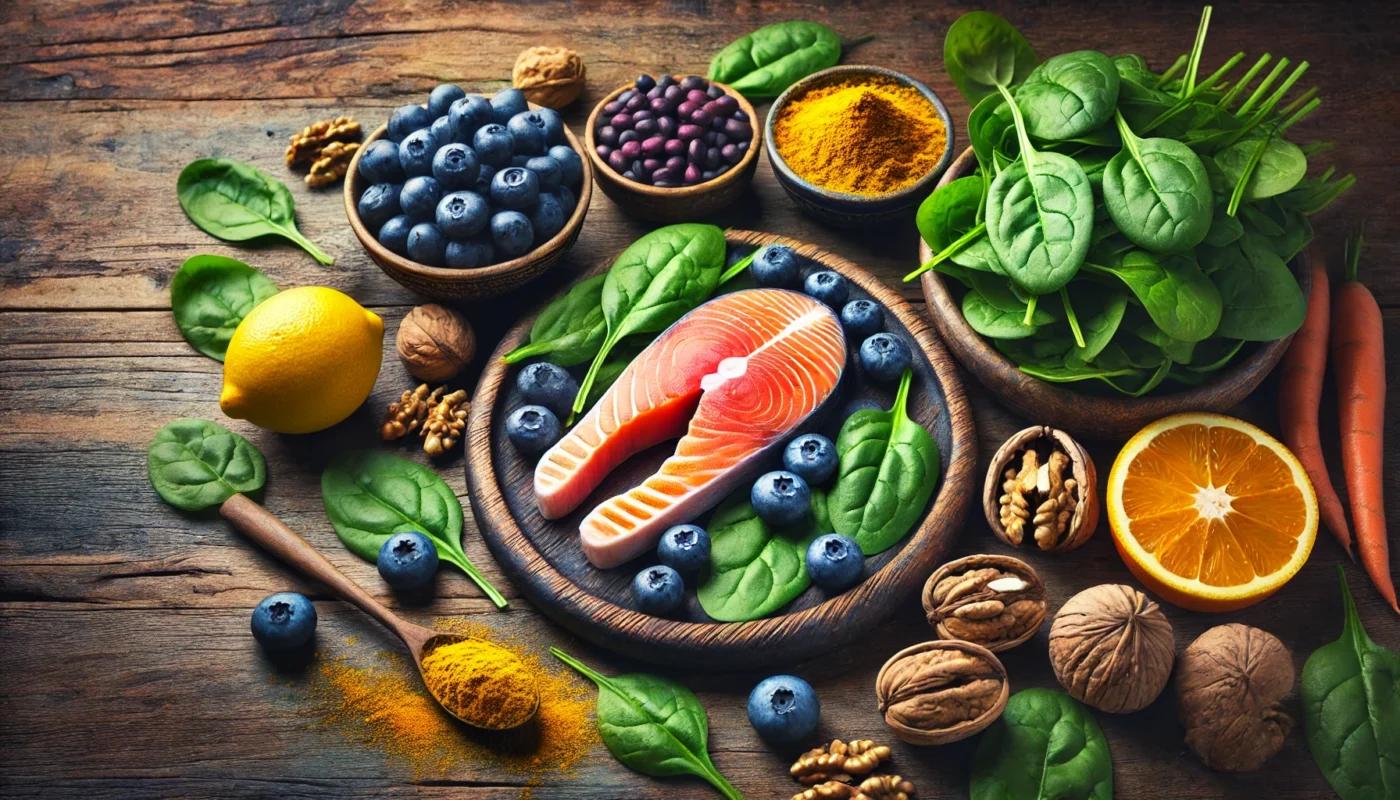 A colorful display of anti-inflammatory foods, including salmon, blueberries, spinach, turmeric, and walnuts, arranged on a rustic wooden table.