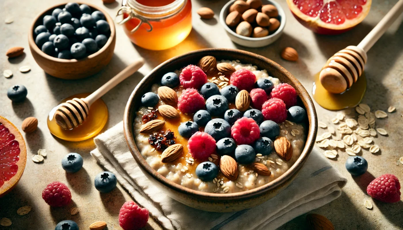 A top-down view of a nutritious breakfast featuring a bowl of oatmeal topped with fresh berries, nuts, and a drizzle of honey, showcasing anti-inflammatory ingredients.