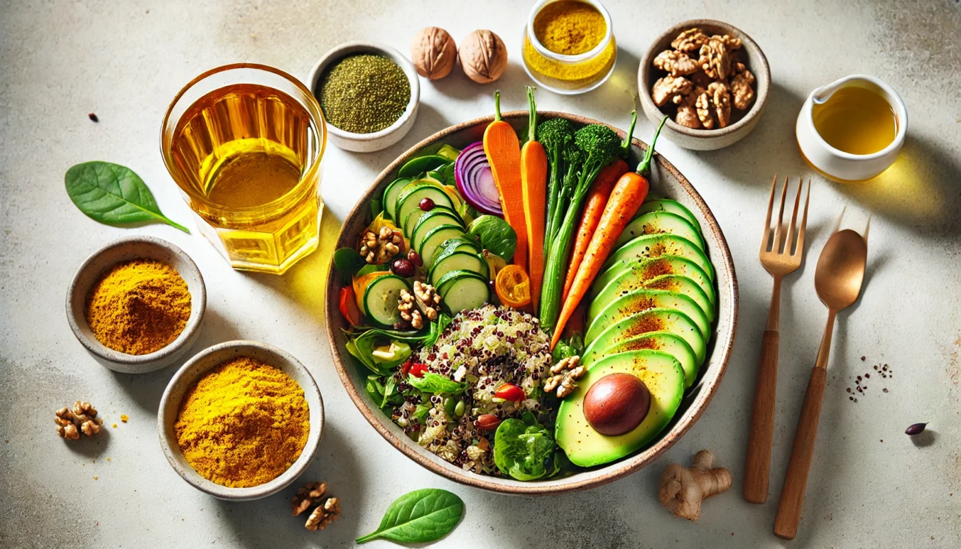 A colorful, top-down view of an anti-inflammatory vegan meal featuring quinoa salad, roasted vegetables, avocado slices, walnuts, and a side of turmeric-infused tea.