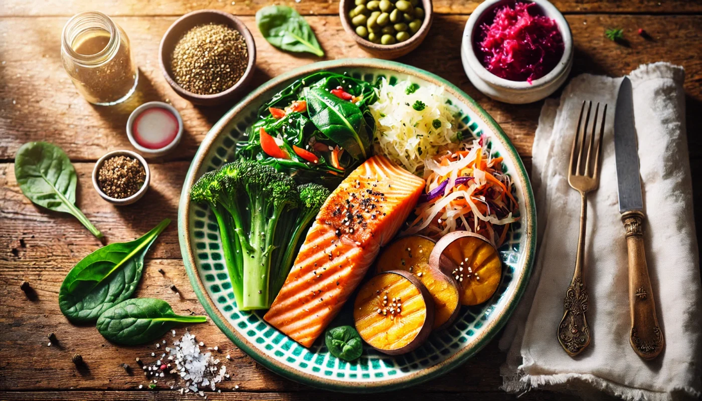 A top-down view of an Autoimmune Protocol (AIP) diet-compliant meal featuring grilled salmon, steamed leafy greens, roasted sweet potatoes, and a side of fermented vegetables like sauerkraut. The vibrant and nutrient-dense meal is arranged on a rustic wooden table with soft natural lighting, highlighting fresh and wholesome ingredients.