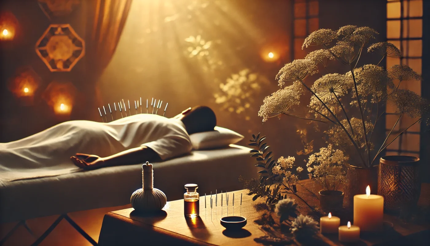 A peaceful acupuncture session in a tranquil spa setting. A person lies on a massage table with fine needles placed on their back, surrounded by soft lighting and a warm, relaxing ambiance.